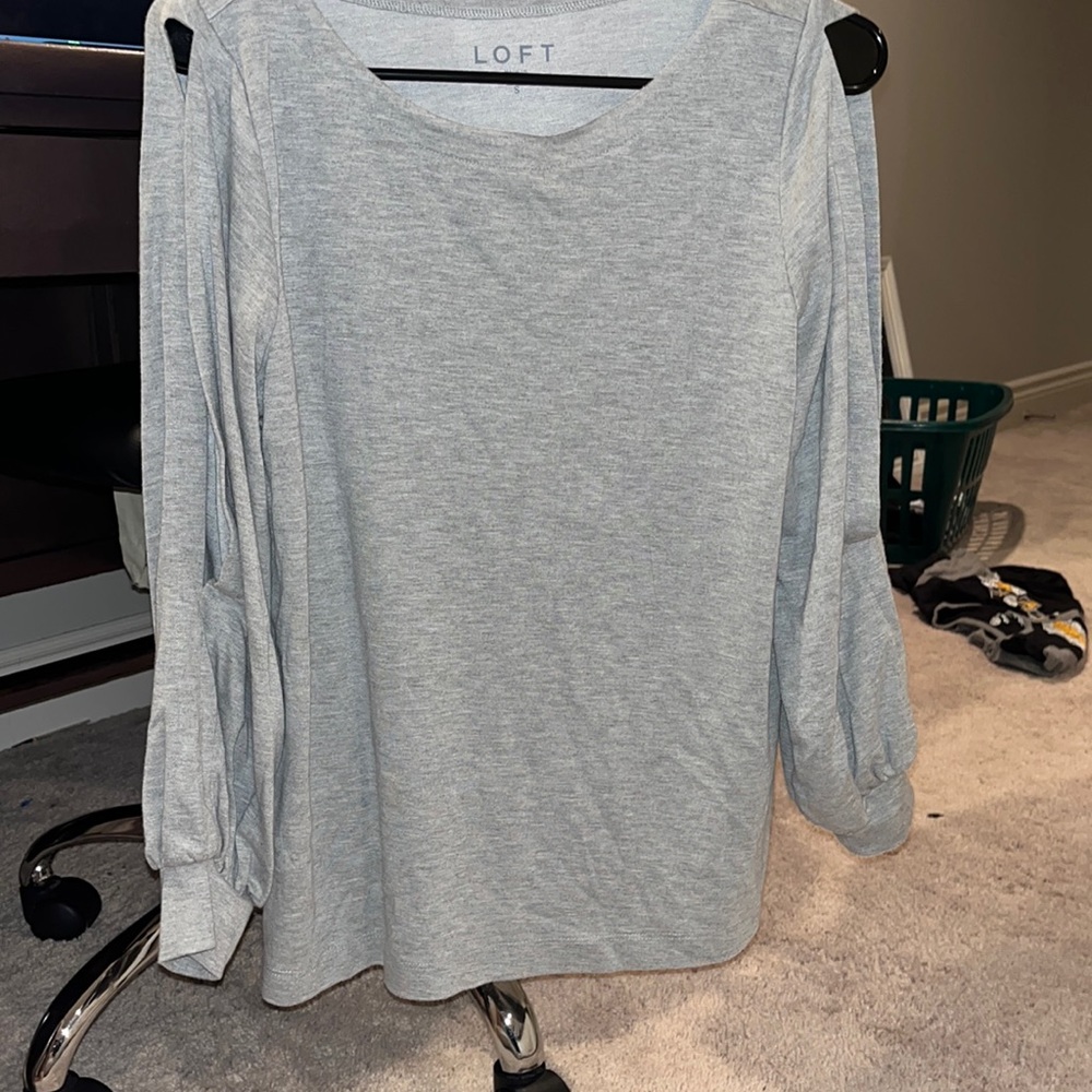 Gray Loft long sleeve shirt with cut outs on upper arms area